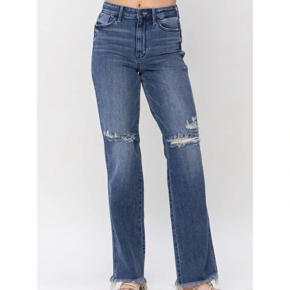 Judy Blue destroyed knee high waist straight jeans - Picture 1 of 11